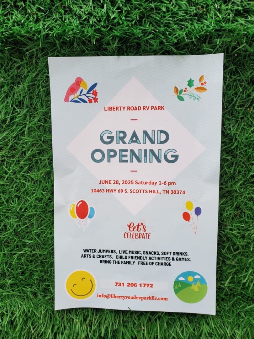 Grand opening flyer with colorful design on grass background.
