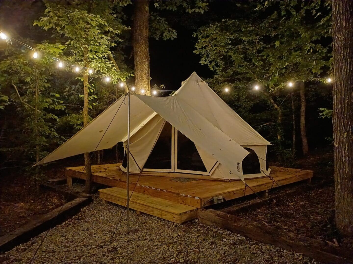 Tent under string lights in forest setting.