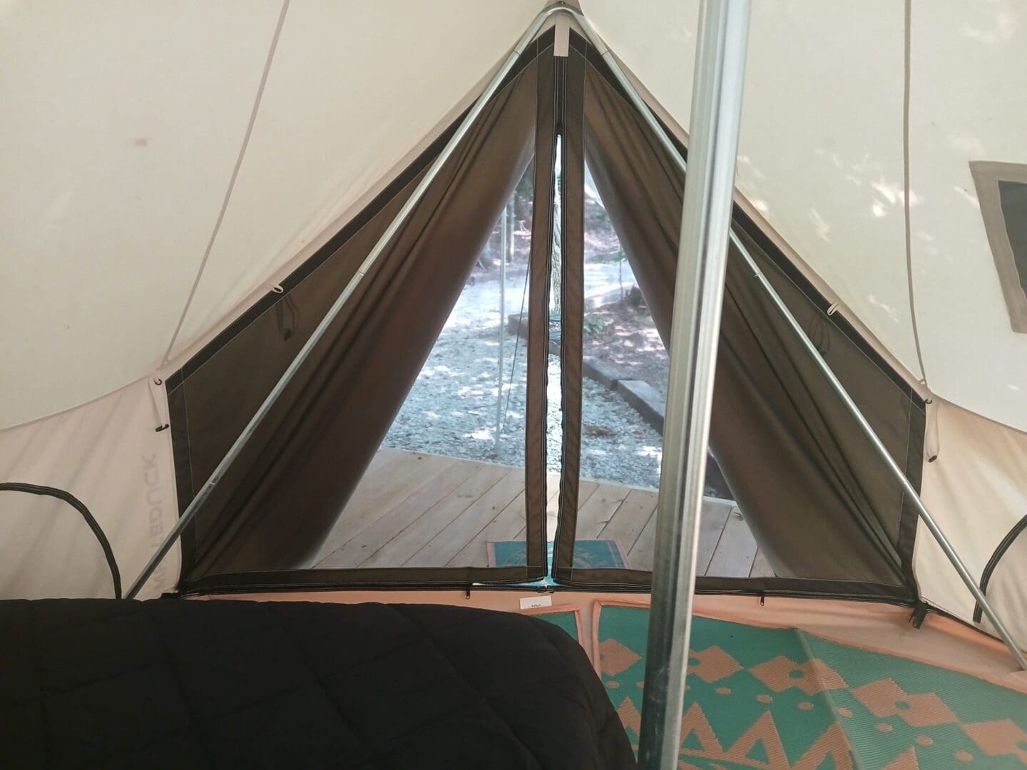 Inside view of a canvas tent.