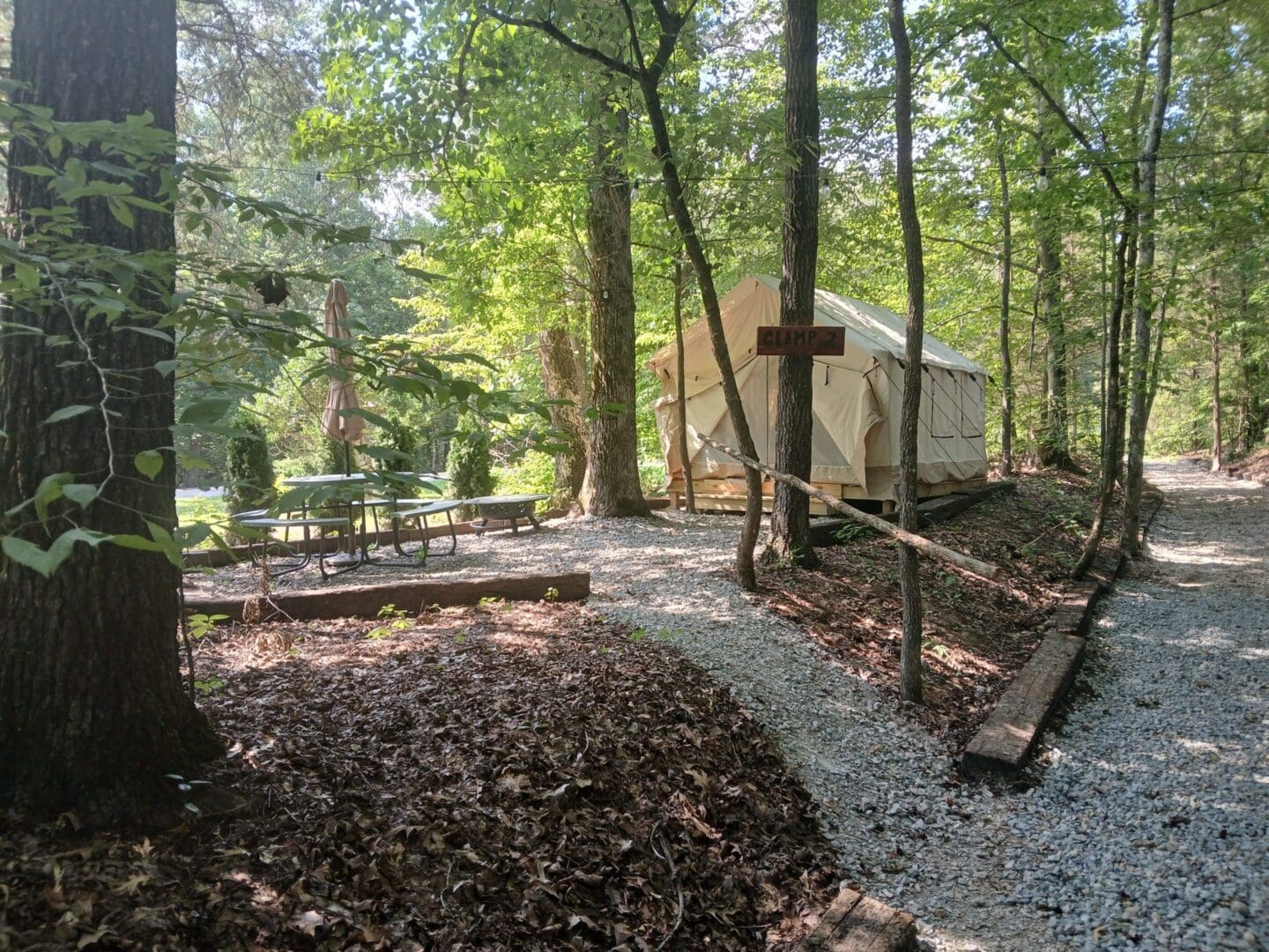 Forest campsite with tent and picnic tables.