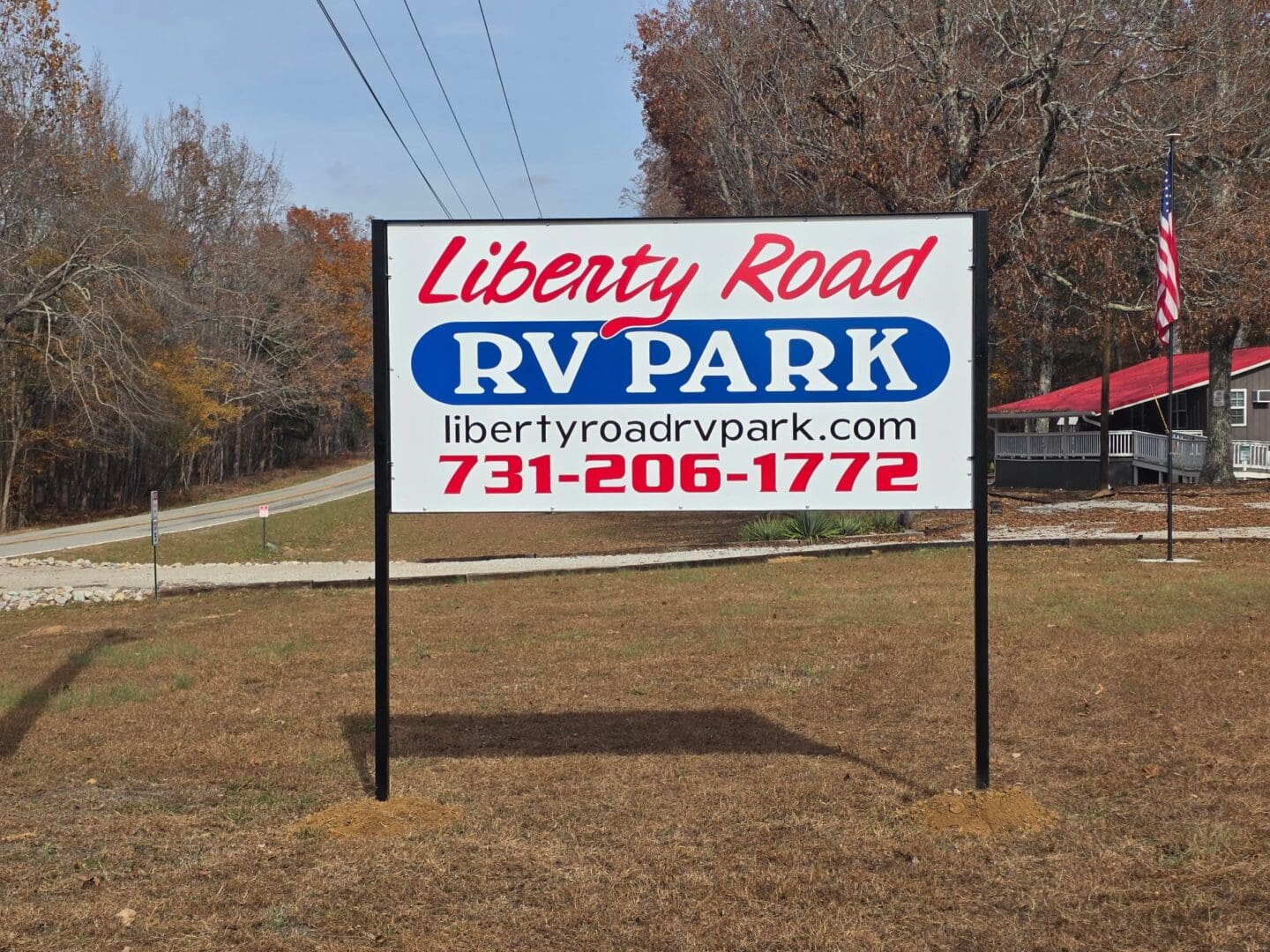 Liberty Road RV Park entrance sign.