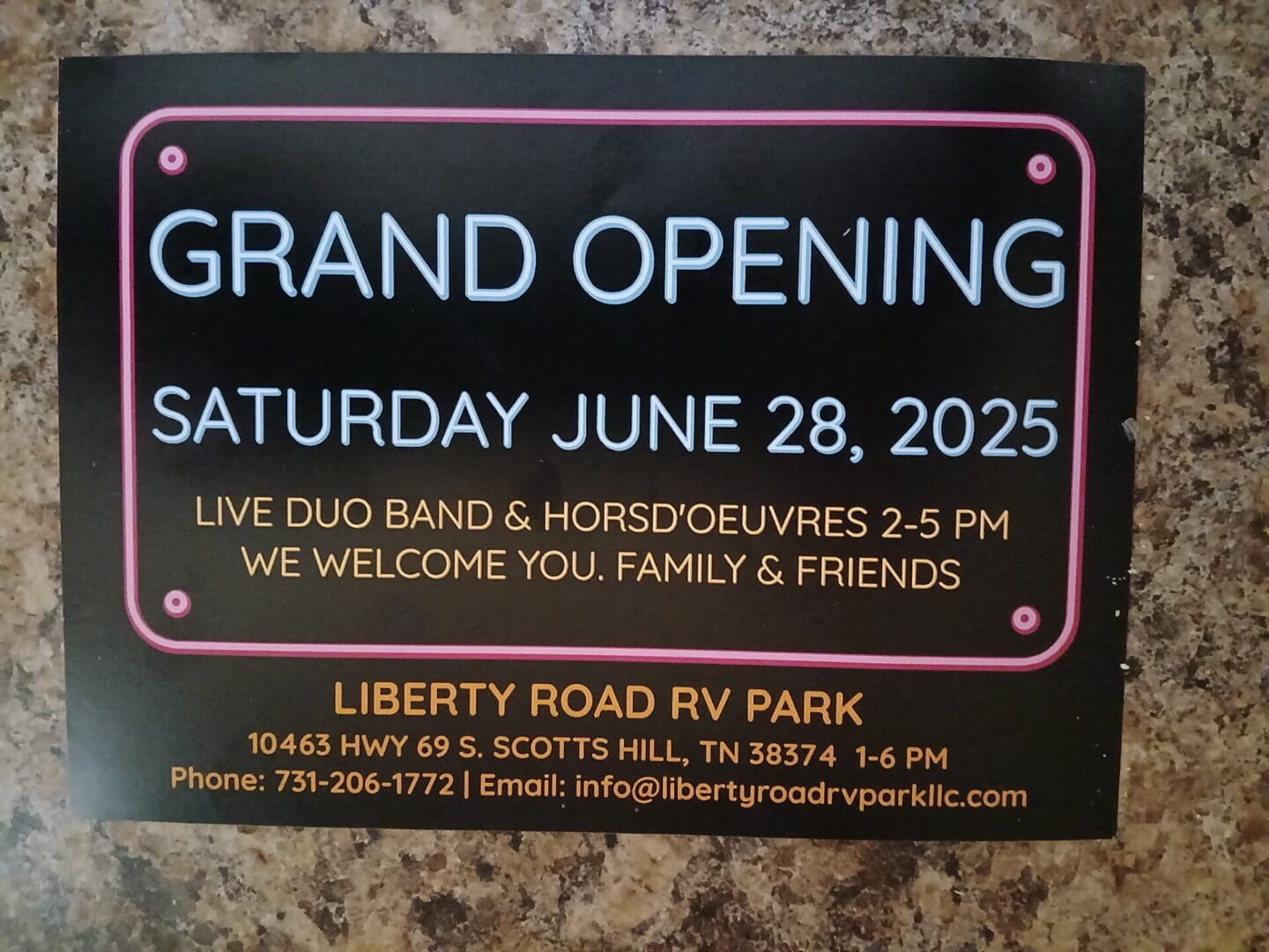 Grand opening flyer for Liberty Road RV Park