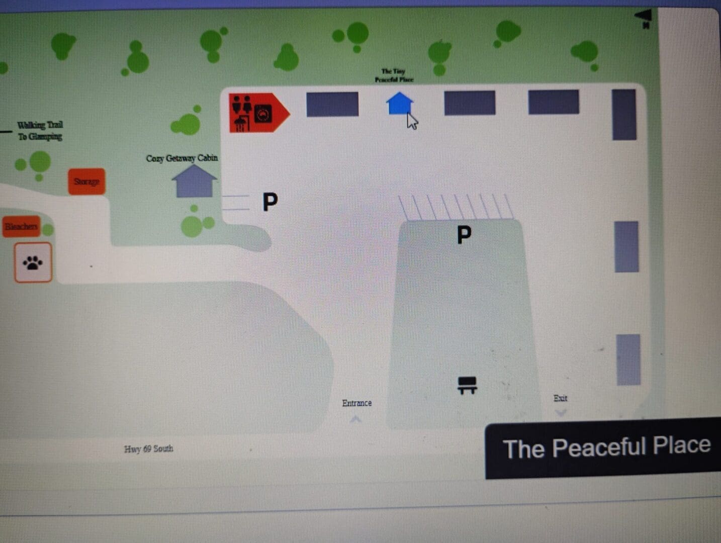 Site layout with walking trail and storage