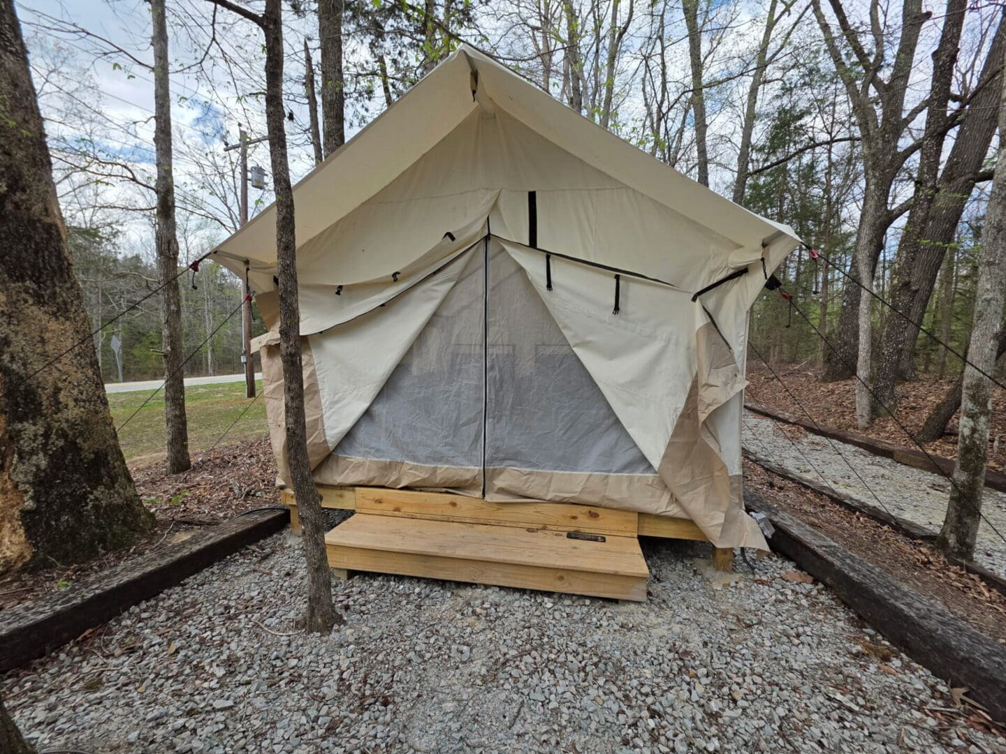 Forest campsite tent with wooden steps