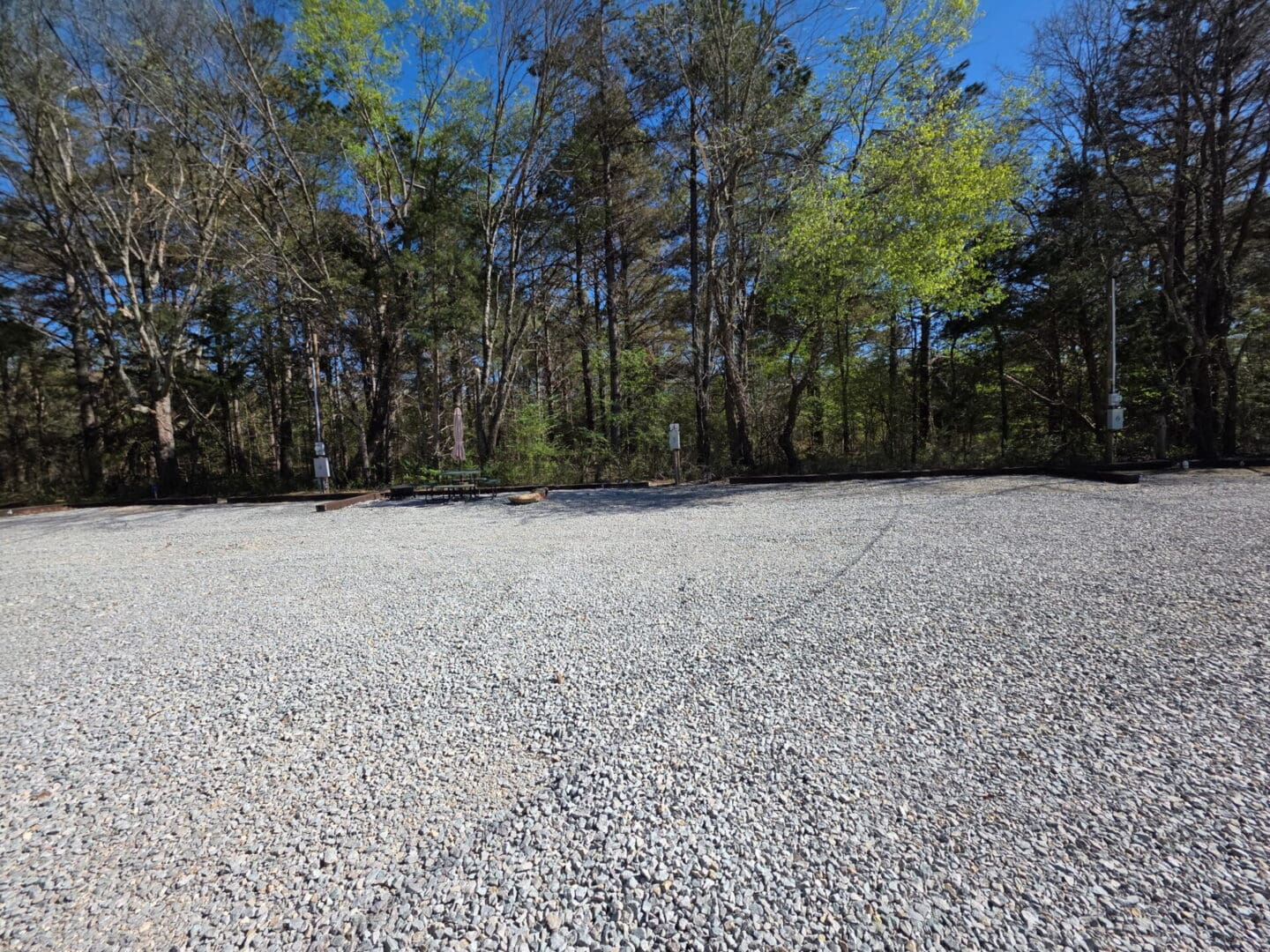 Empty gravel parking lot with wooded background