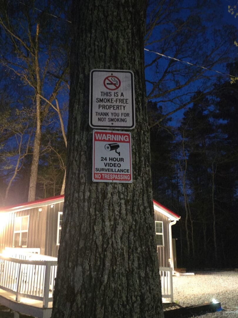 Tree with no smoking and surveillance signs